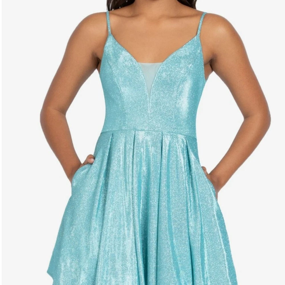 B Darlin Women's Turquoise Mesh Inset V-Back With Zipper Short Dress 3/4